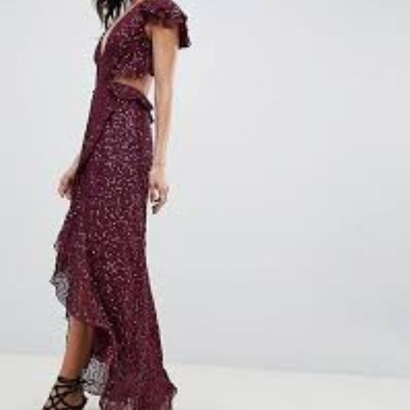ASOS DESIGN Ruffle Maxi Dress With Open Back in All Over Sequin Size 14 - Picture 3 of 14